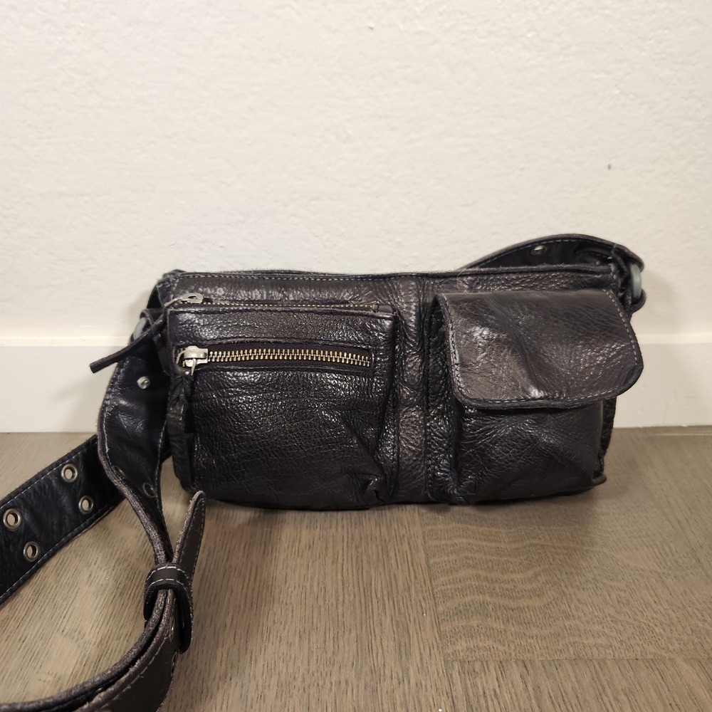 Free People Wade Leather Sling Bag Black Glossy Pockets Adjustable Belt Strap